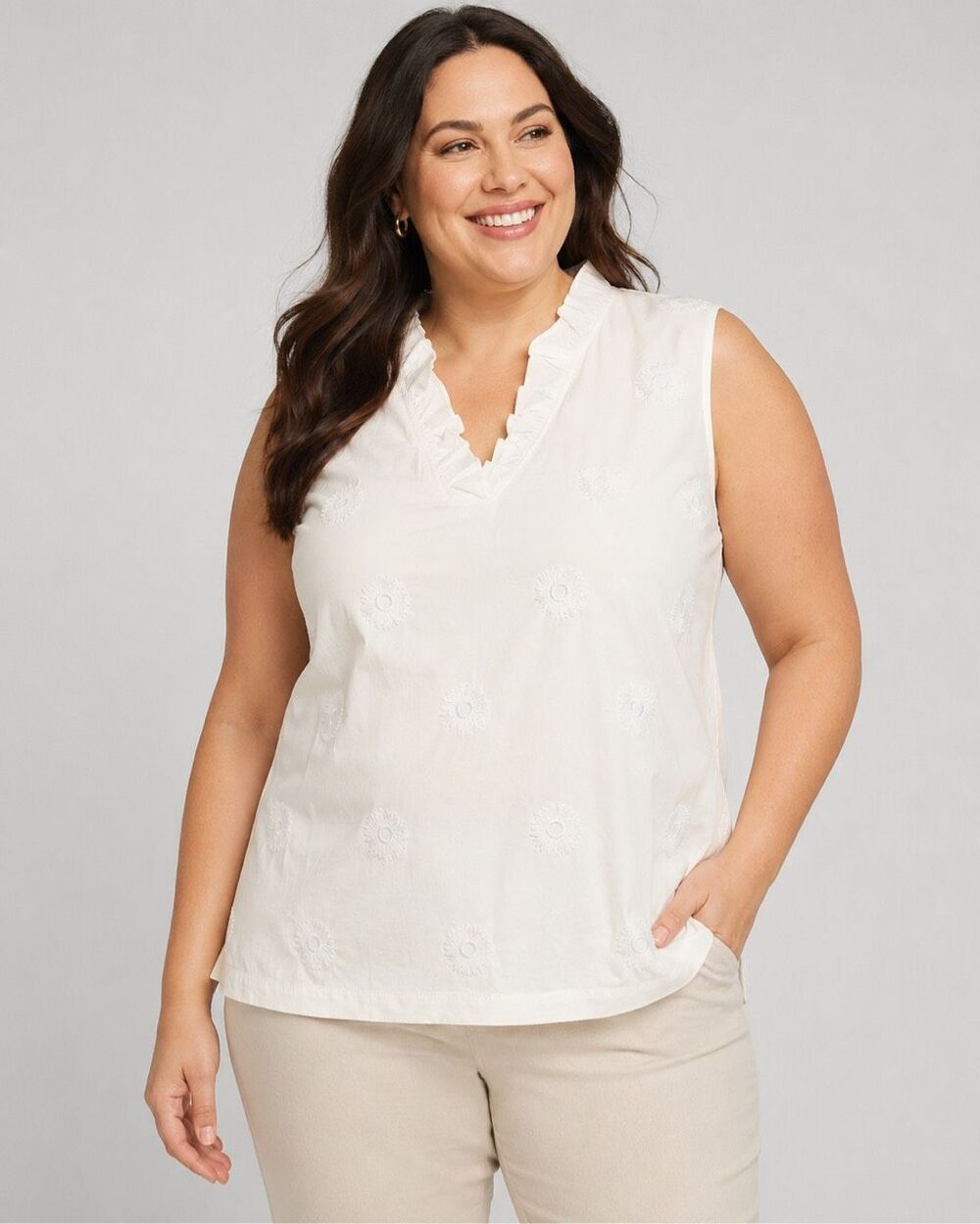 Talbots 3X Ivory Embroidered Floral Ruffle Neck Sleeveless Cotton Blouse NEW